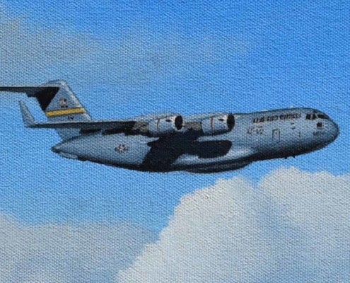 C-17 Globemaster III a detail from the Stan Stokes painting "The History of Air Force One" on display at the Palm Springs Air Museum.