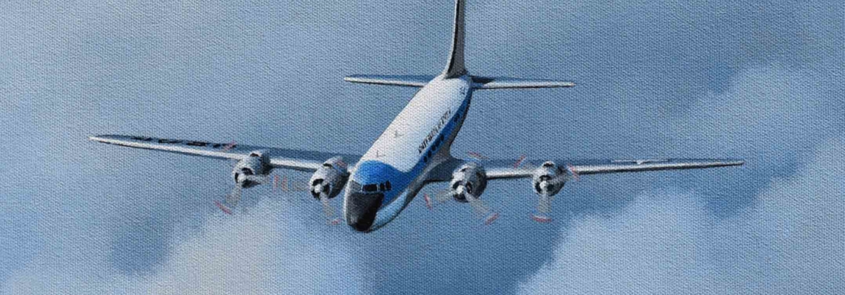 A detail from the Stan Stokes painting "History of Air Force One" showing the VC-118A Liftmaster used to carry the President to airfields that were not suitable for the jet aircraft